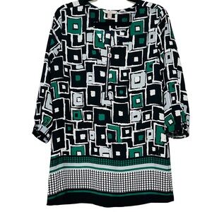 Roz & Ali Geometric Zip Front Tunic Black Green White Square Print Blouse Sz M